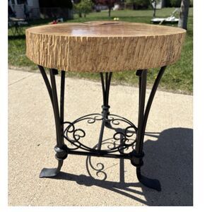Live Edge Wood and Metal End Table, Arts & Crafts Style, Brown/Black, 24"